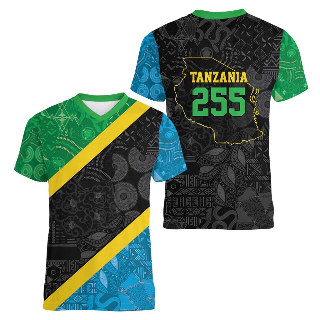 Tanzania 255 Women V-Neck T-Shirt African Mix Pattern Flag Motif - Wonder Print Shop