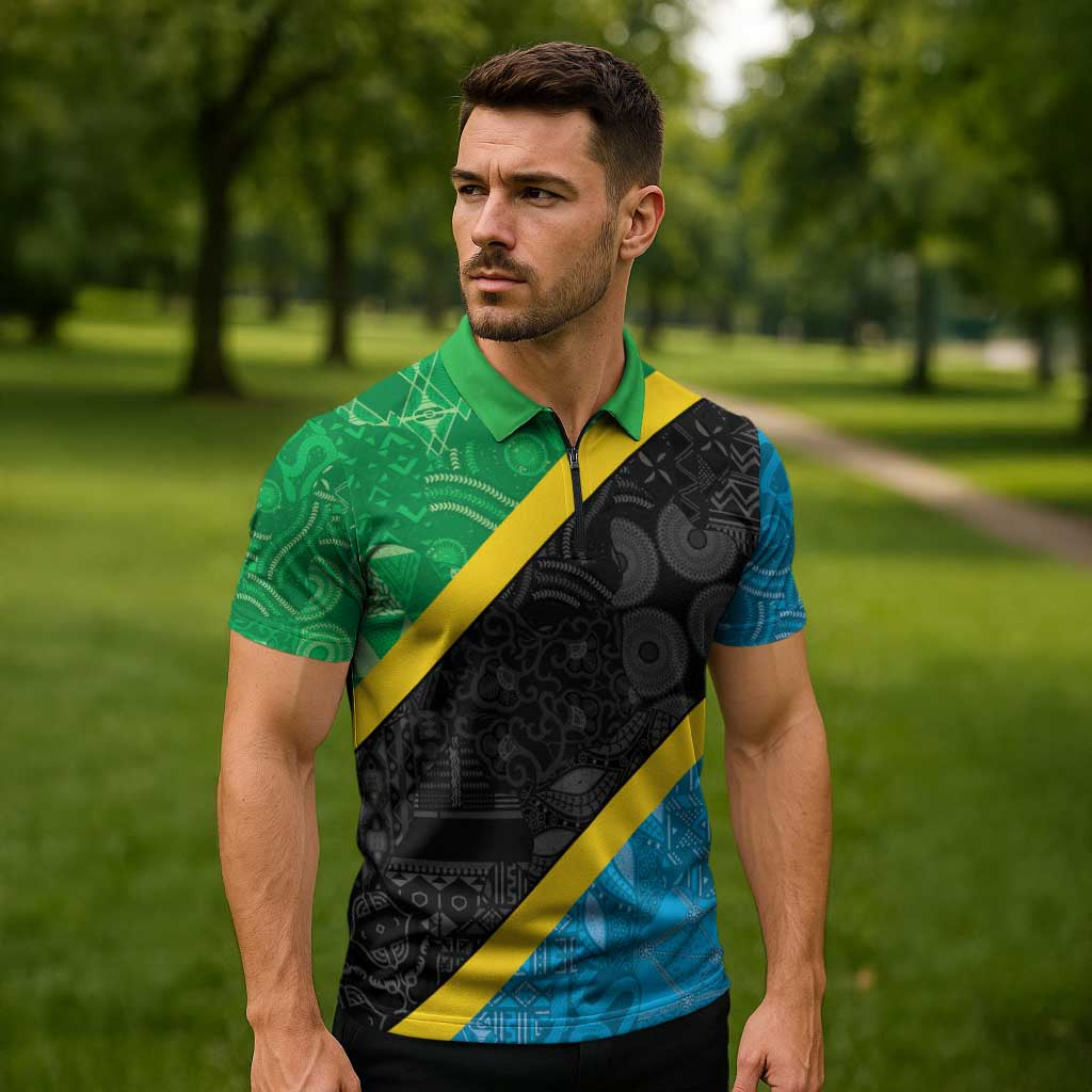 Tanzania 255 Zipper Polo Shirt African Mix Pattern Flag Motif - Wonder Print Shop