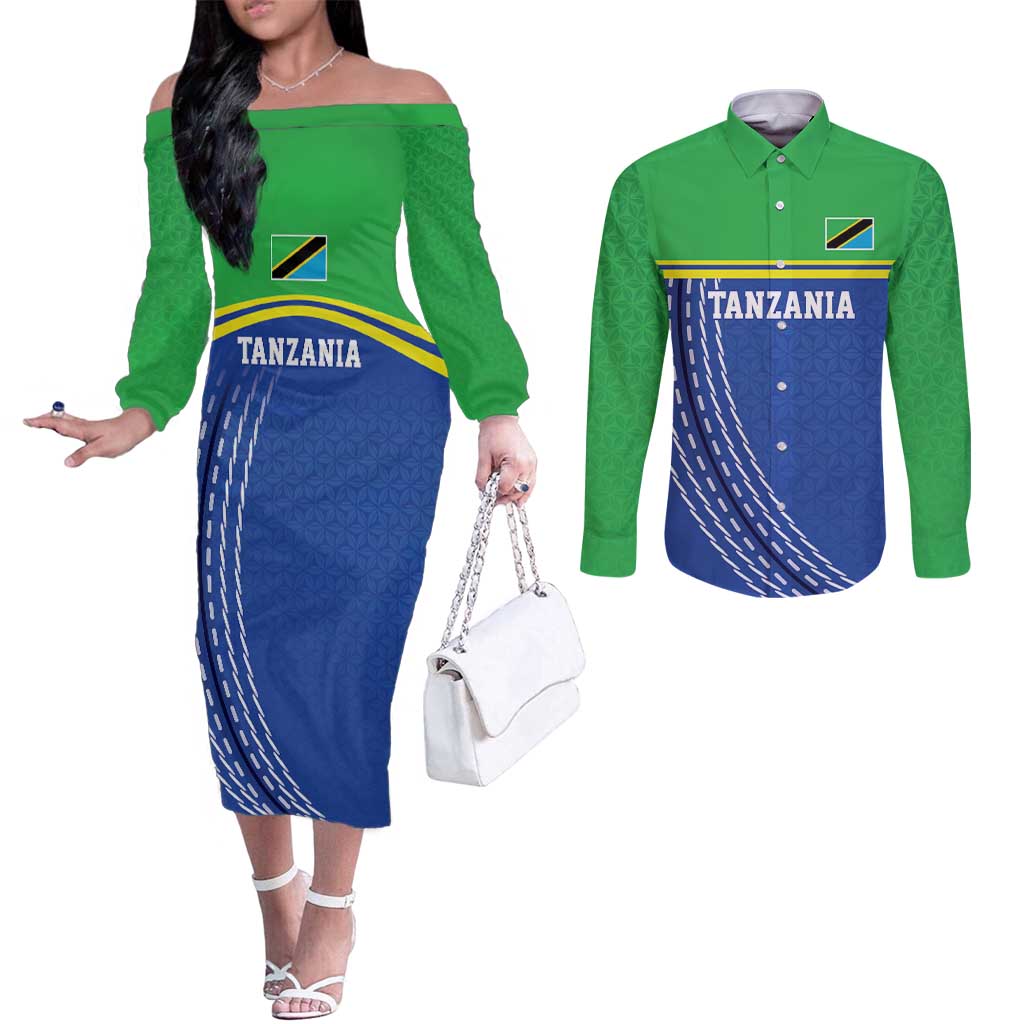 Tanzania Cricket Custom Couples Matching Off The Shoulder Long Sleeve Dress and Long Sleeve Button Shirt The Cows Tanzania Pattern - Wonder Print Shop
