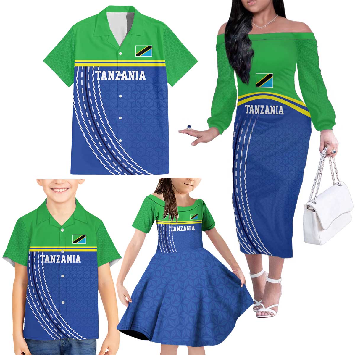 Tanzania Cricket Custom Family Matching Off The Shoulder Long Sleeve Dress and Hawaiian Shirt The Cows Tanzania Pattern - Wonder Print Shop