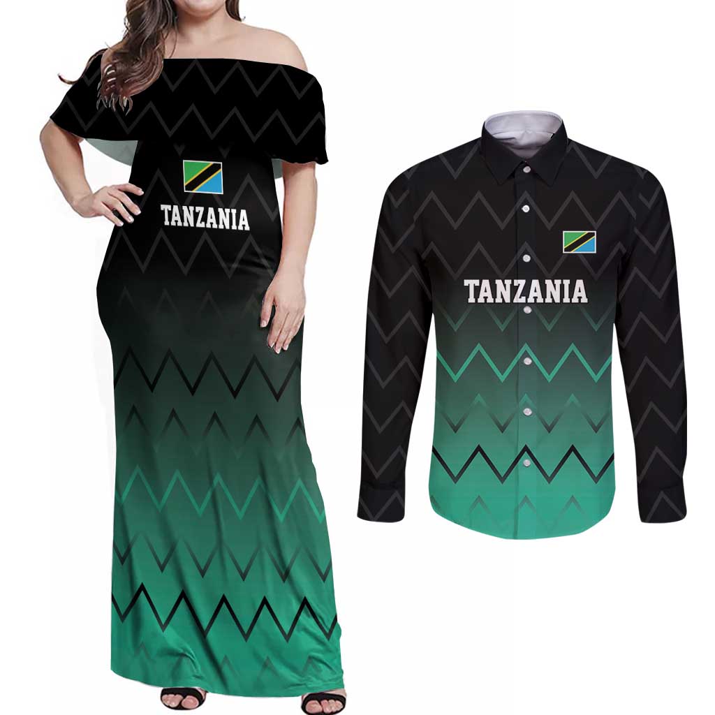 Tanzania Football Custom Couples Matching Off Shoulder Maxi Dress and Long Sleeve Button Shirt Retro 2023-24 Tanzania History - Wonder Print Shop