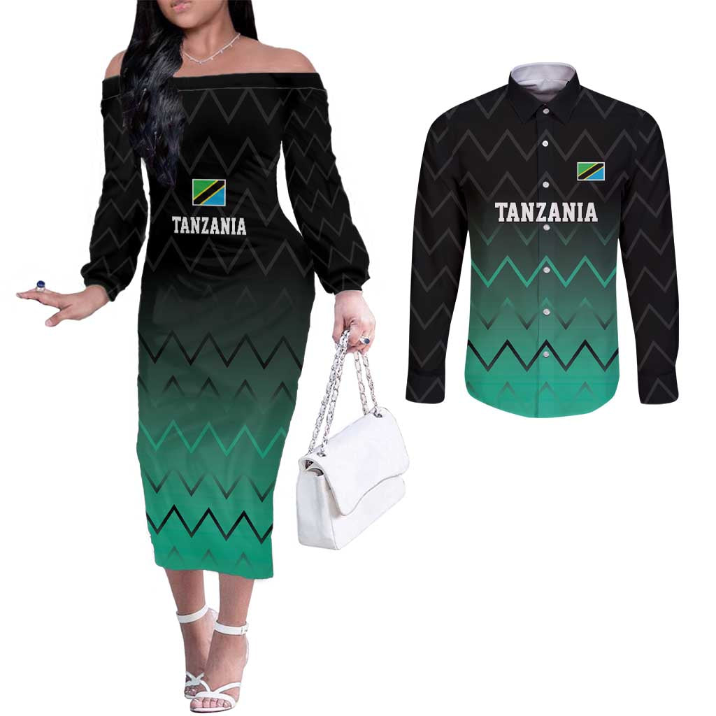 Tanzania Football Custom Couples Matching Off The Shoulder Long Sleeve Dress and Long Sleeve Button Shirt Retro 2023-24 Tanzania History - Wonder Print Shop