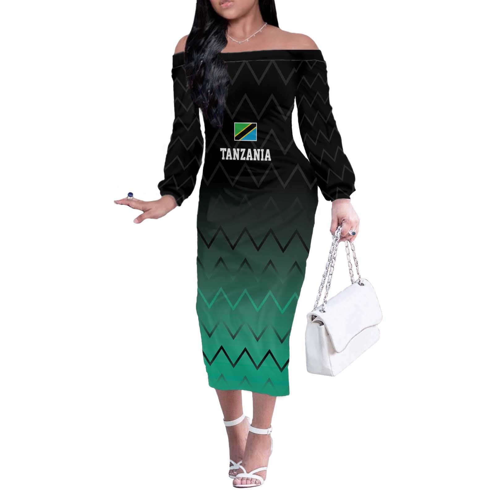 Tanzania Football Custom Off The Shoulder Long Sleeve Dress Retro 2023-24 Tanzania History - Wonder Print Shop
