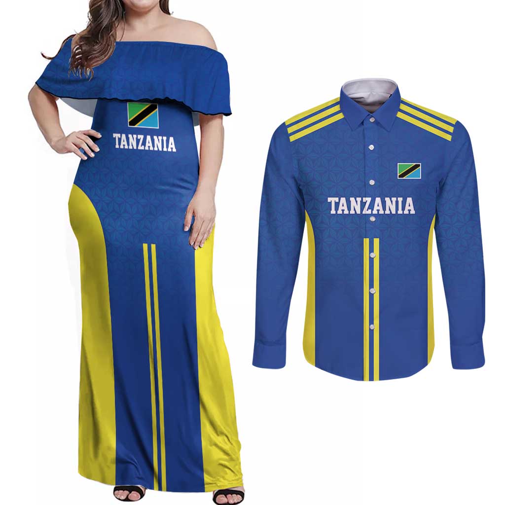Tanzania Football Custom Couples Matching Off Shoulder Maxi Dress and Long Sleeve Button Shirt Taifa Stars Go Champion - Wonder Print Shop