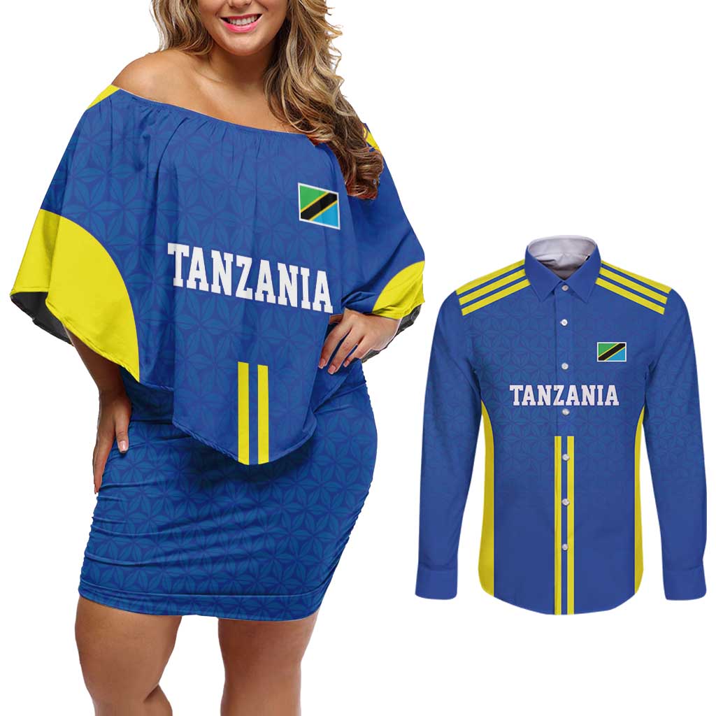 Tanzania Football Custom Couples Matching Off Shoulder Short Dress and Long Sleeve Button Shirt Taifa Stars Go Champion - Wonder Print Shop