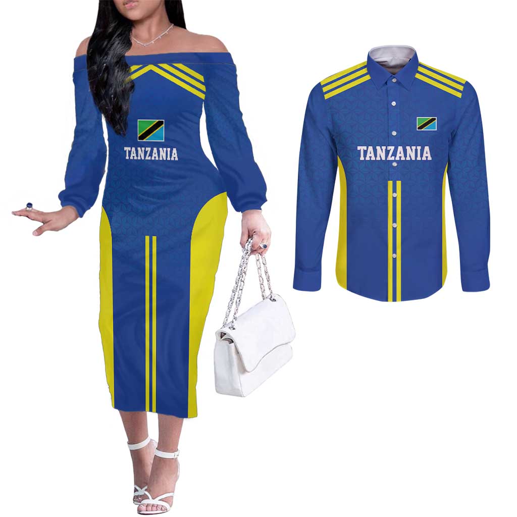 Tanzania Football Custom Couples Matching Off The Shoulder Long Sleeve Dress and Long Sleeve Button Shirt Taifa Stars Go Champion - Wonder Print Shop
