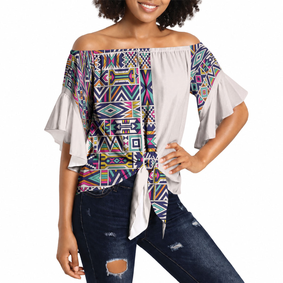 African Ndebele Art Patterns Off Shoulder Wrap Waist Top Beige Half Style