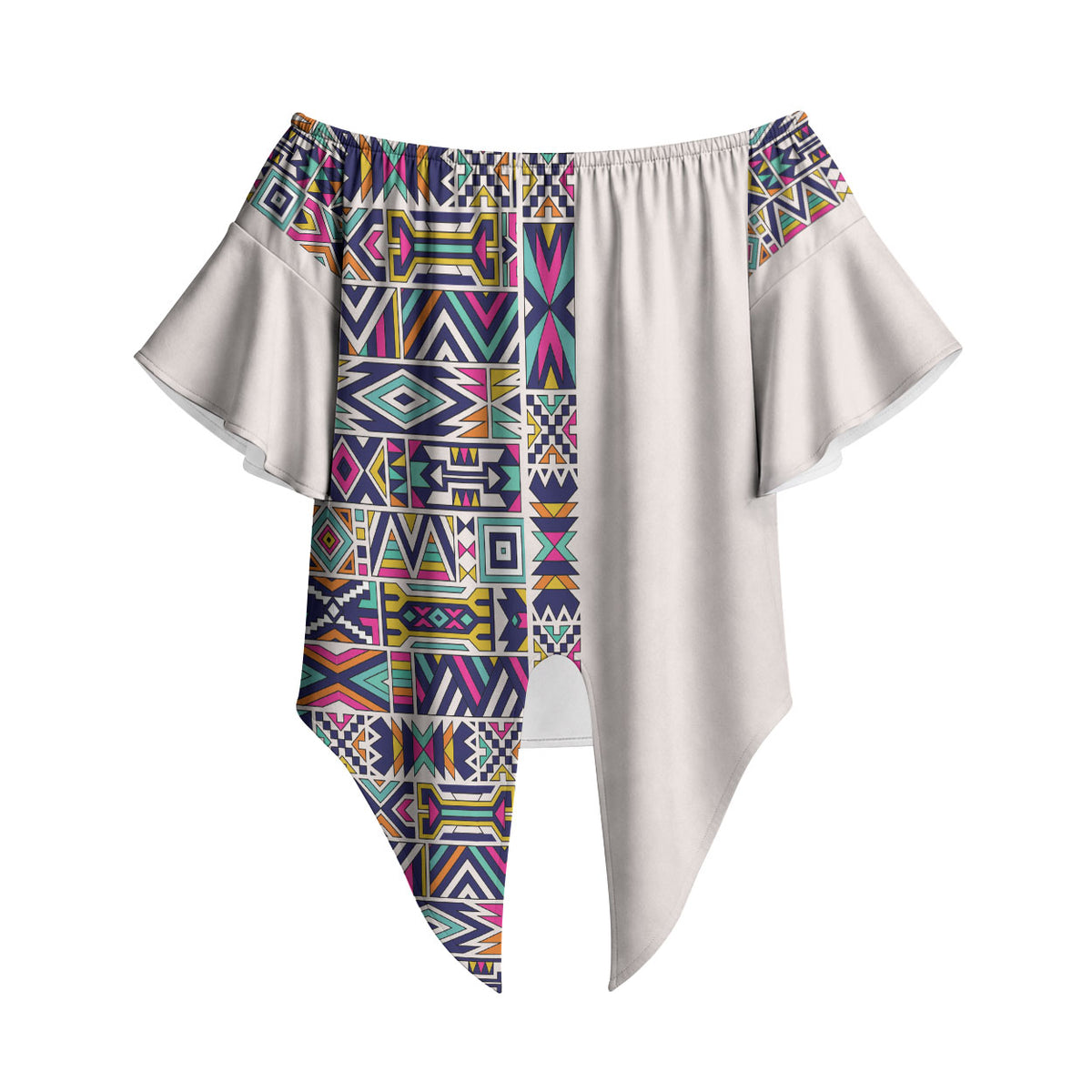 African Ndebele Art Patterns Off Shoulder Wrap Waist Top Beige Half Style
