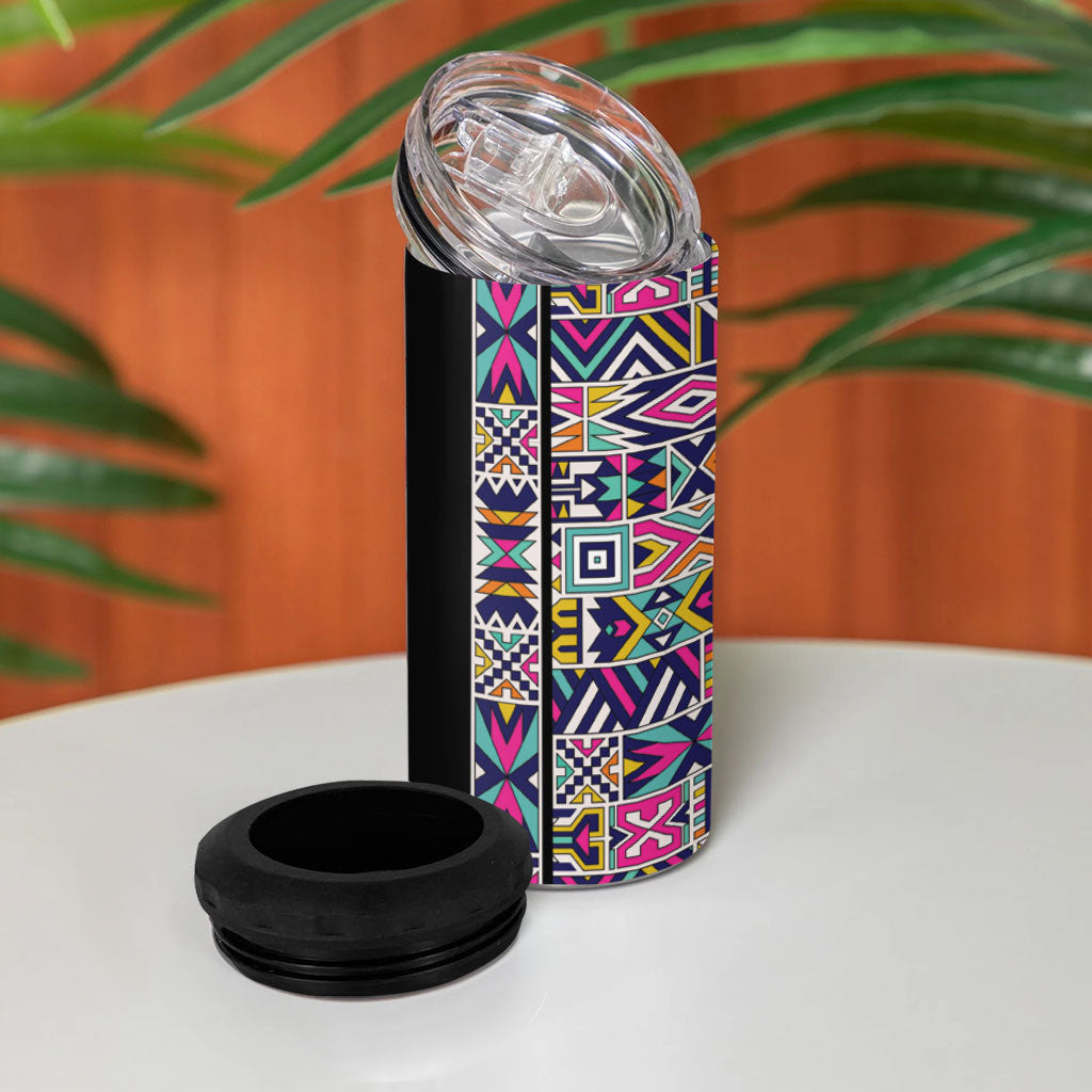 African Ndebele Art Patterns 4 in 1 Can Cooler Tumbler Black Half Style