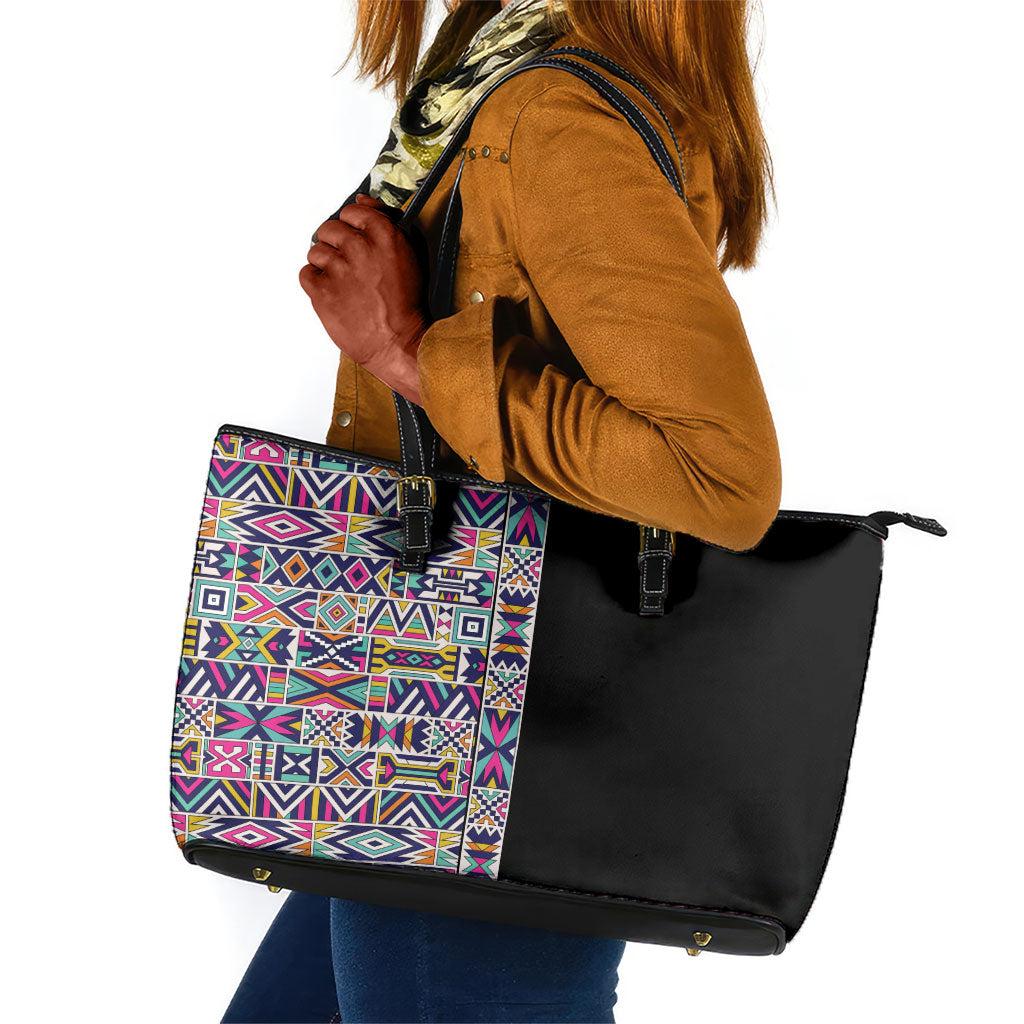African Ndebele Art Patterns Leather Tote Bag Black Half Style
