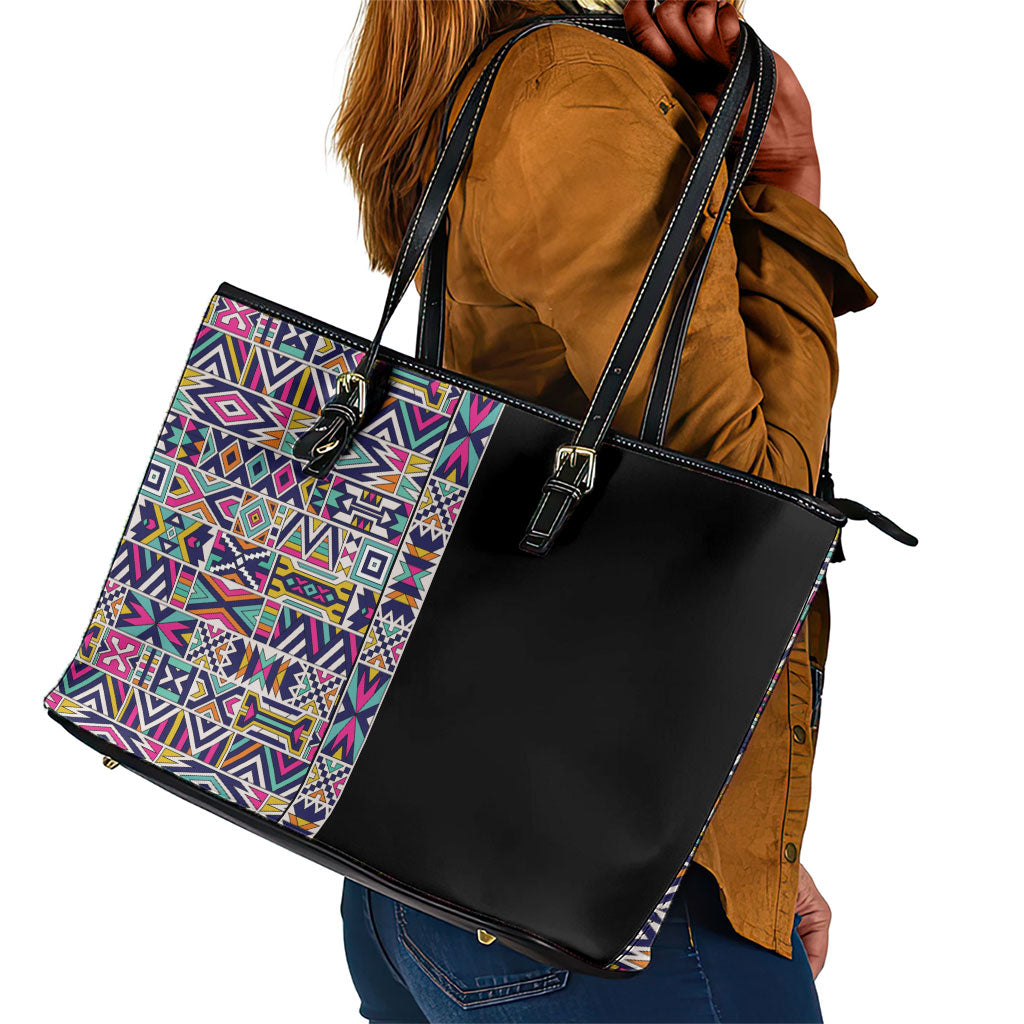 African Ndebele Art Patterns Leather Tote Bag Black Half Style