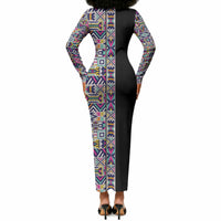 African Ndebele Art Patterns Long Sleeve Bodycon Dress Black Half Style