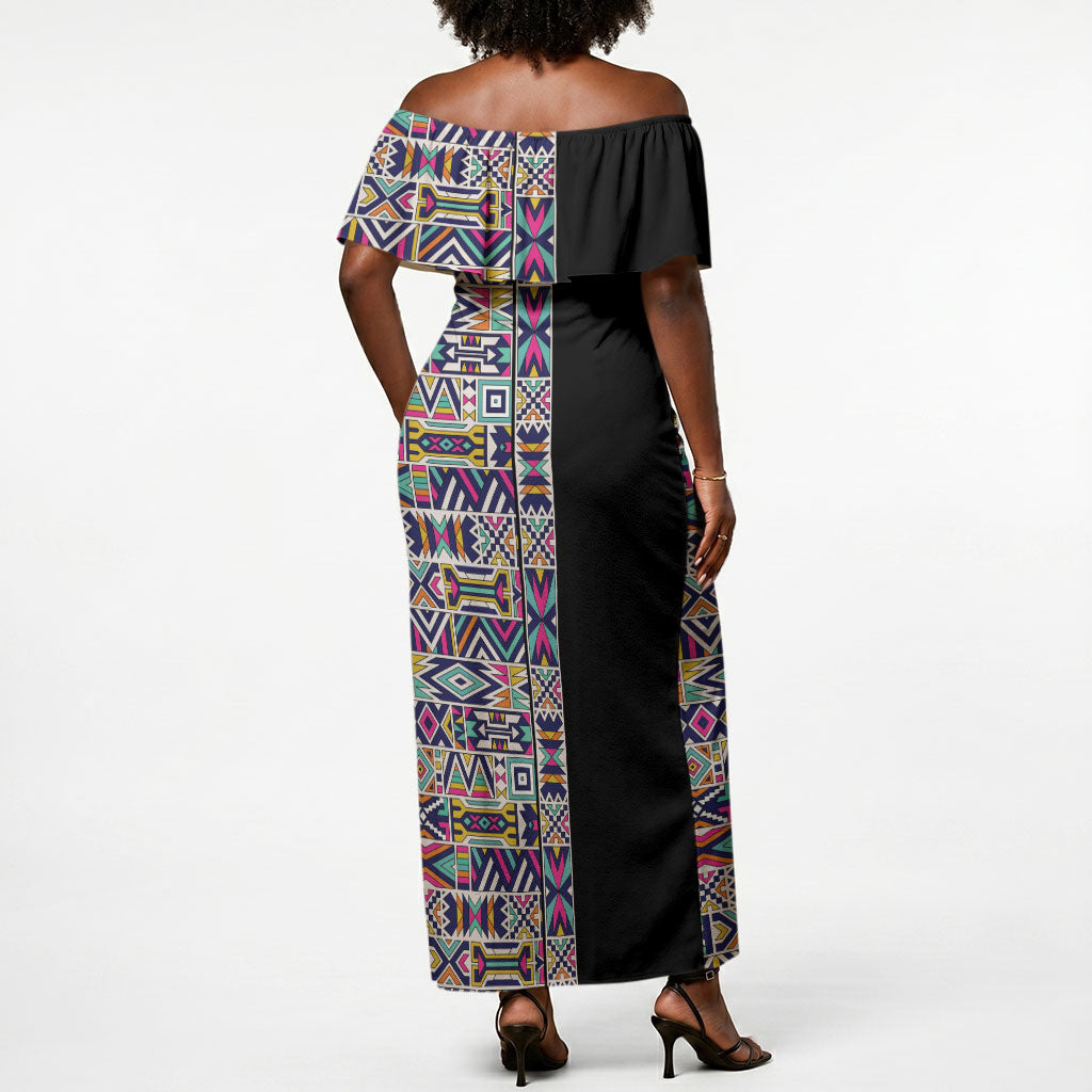 African Ndebele Art Patterns Off Shoulder Maxi Dress Black Half Style