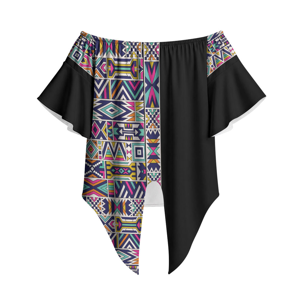 African Ndebele Art Patterns Off Shoulder Wrap Waist Top Black Half Style