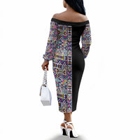 African Ndebele Art Patterns Off The Shoulder Long Sleeve Dress Black Half Style