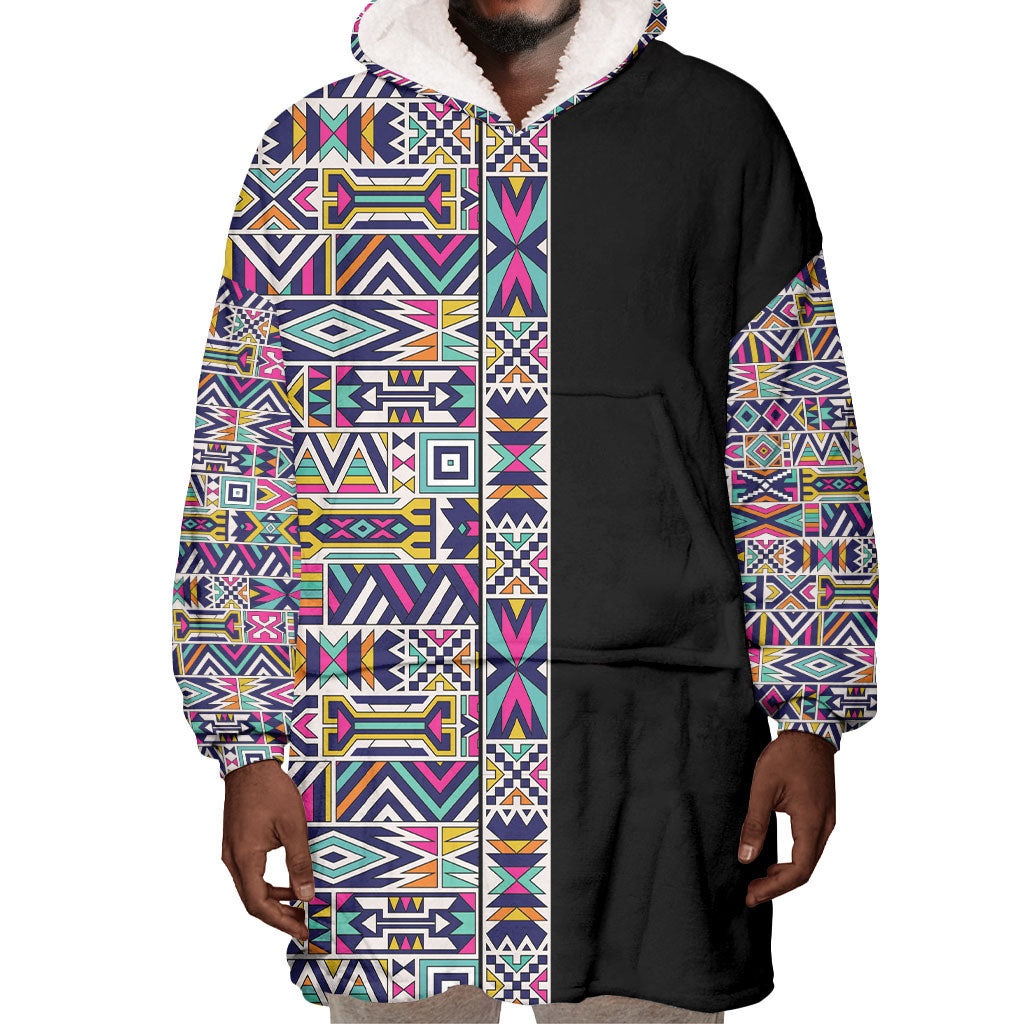 African Ndebele Art Patterns Wearable Blanket Hoodie Black Half Style