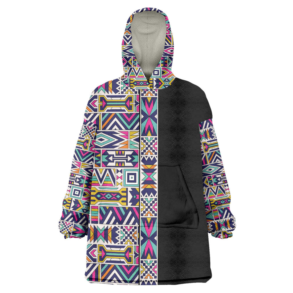 African Ndebele Art Patterns Wearable Blanket Hoodie Black Half Style