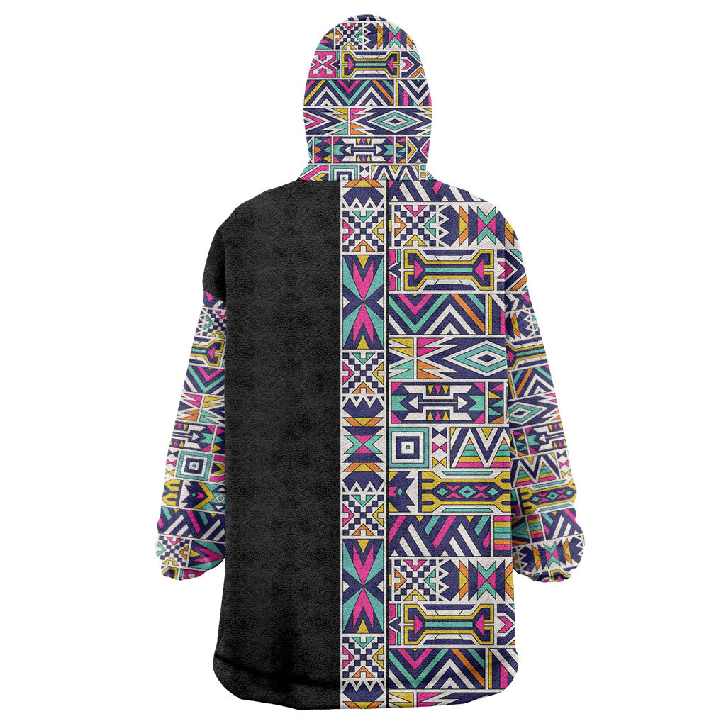 African Ndebele Art Patterns Wearable Blanket Hoodie Black Half Style
