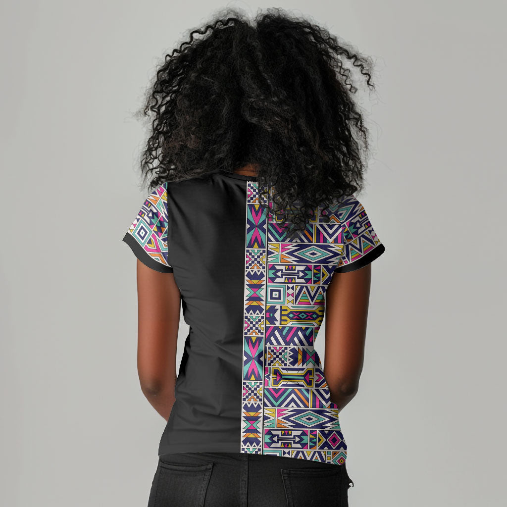 African Ndebele Art Patterns Women V-Neck T-Shirt Black Half Style