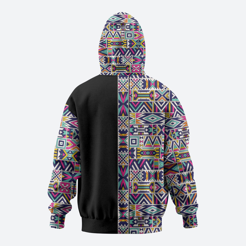 African Ndebele Art Patterns Zip Hoodie Black Half Style