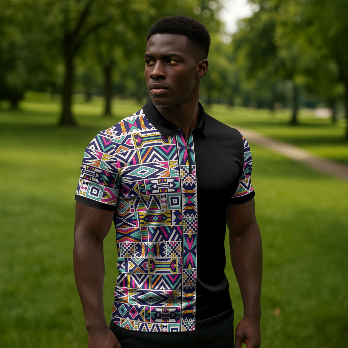 African Ndebele Art Patterns Zipper Polo Shirt Black Half Style