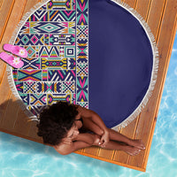 African Ndebele Art Patterns Beach Blanket Navy Blue Half Style