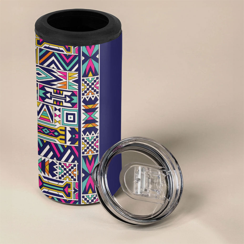 African Ndebele Art Patterns 4 in 1 Can Cooler Tumbler Navy Blue Half Style