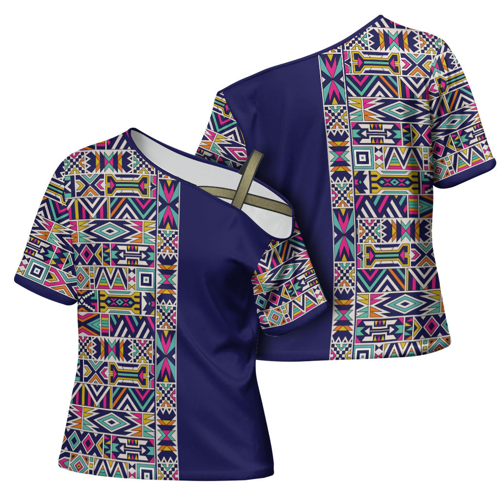 African Ndebele Art Patterns Cross Shoulder Shirt Navy Blue Half Style