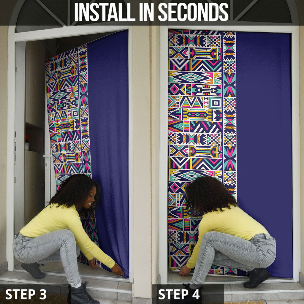 African Ndebele Art Patterns Door Cover Navy Blue Half Style