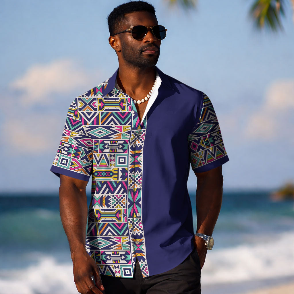 African Ndebele Art Patterns Hawaiian Shirt Navy Blue Half Style