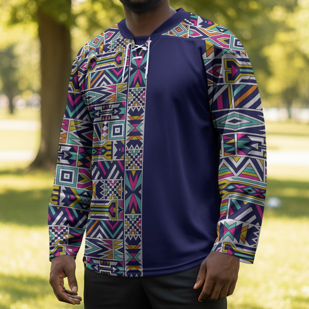 African Ndebele Art Patterns Hockey Jersey Navy Blue Half Style