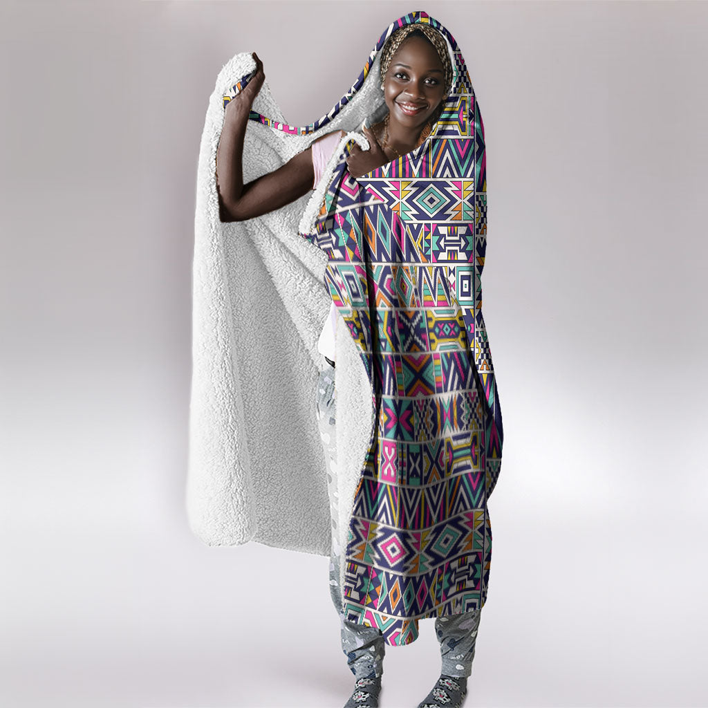 African Ndebele Art Patterns Hooded Blanket Navy Blue Half Style