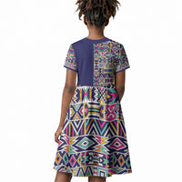 African Ndebele Art Patterns Kid Short Sleeve Dress Navy Blue Half Style