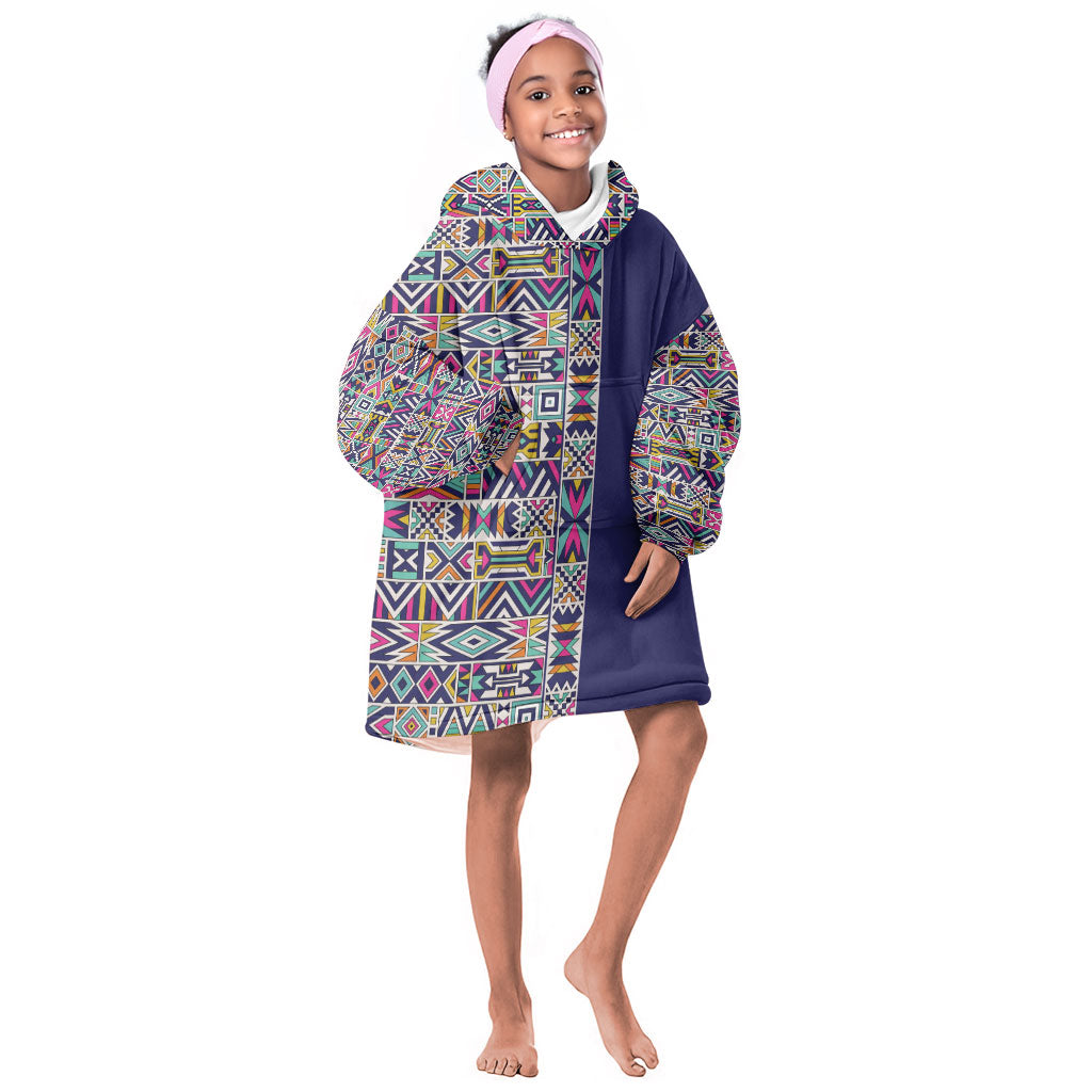 African Ndebele Art Patterns Kid Wearable Blanket Hoodie Navy Blue Half Style