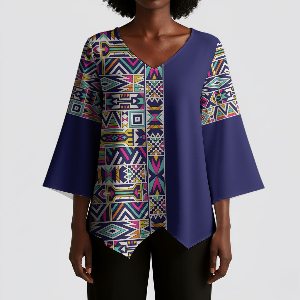African Ndebele Art Patterns Kimono Sleeve Blouse Navy Blue Half Style