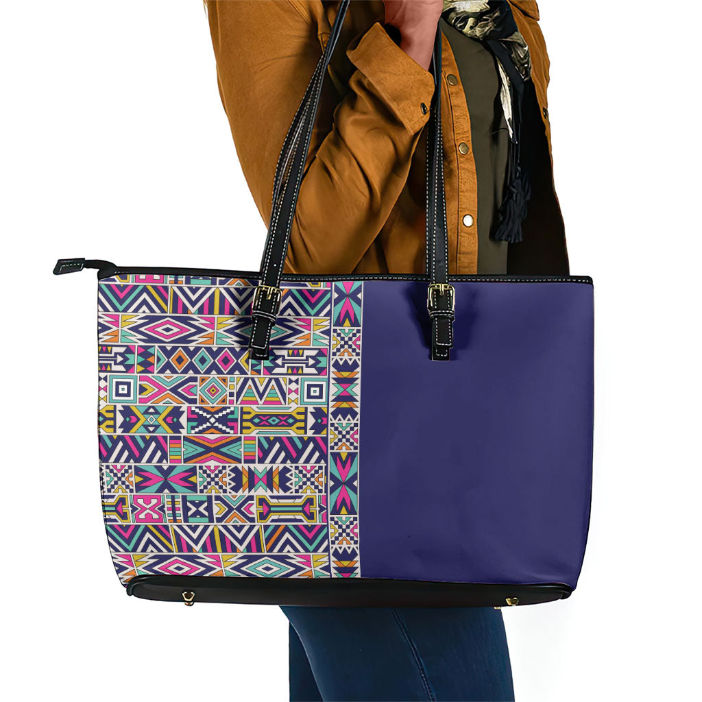 African Ndebele Art Patterns Leather Tote Bag Navy Blue Half Style