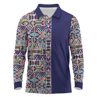African Ndebele Art Patterns Long Sleeve Polo Shirt Navy Blue Half Style