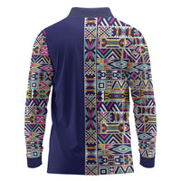 African Ndebele Art Patterns Long Sleeve Polo Shirt Navy Blue Half Style