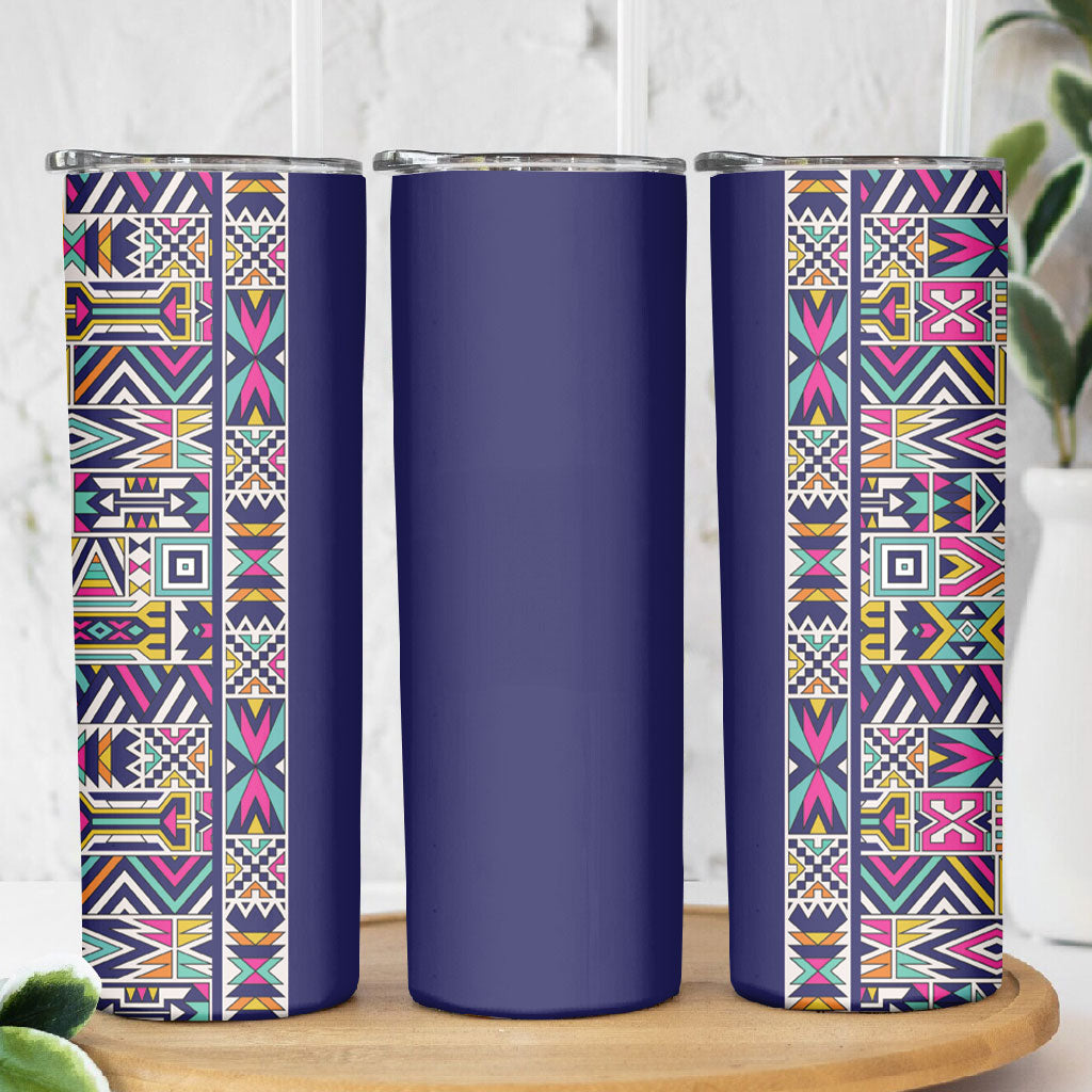 African Ndebele Art Patterns Skinny Tumbler Navy Blue Half Style