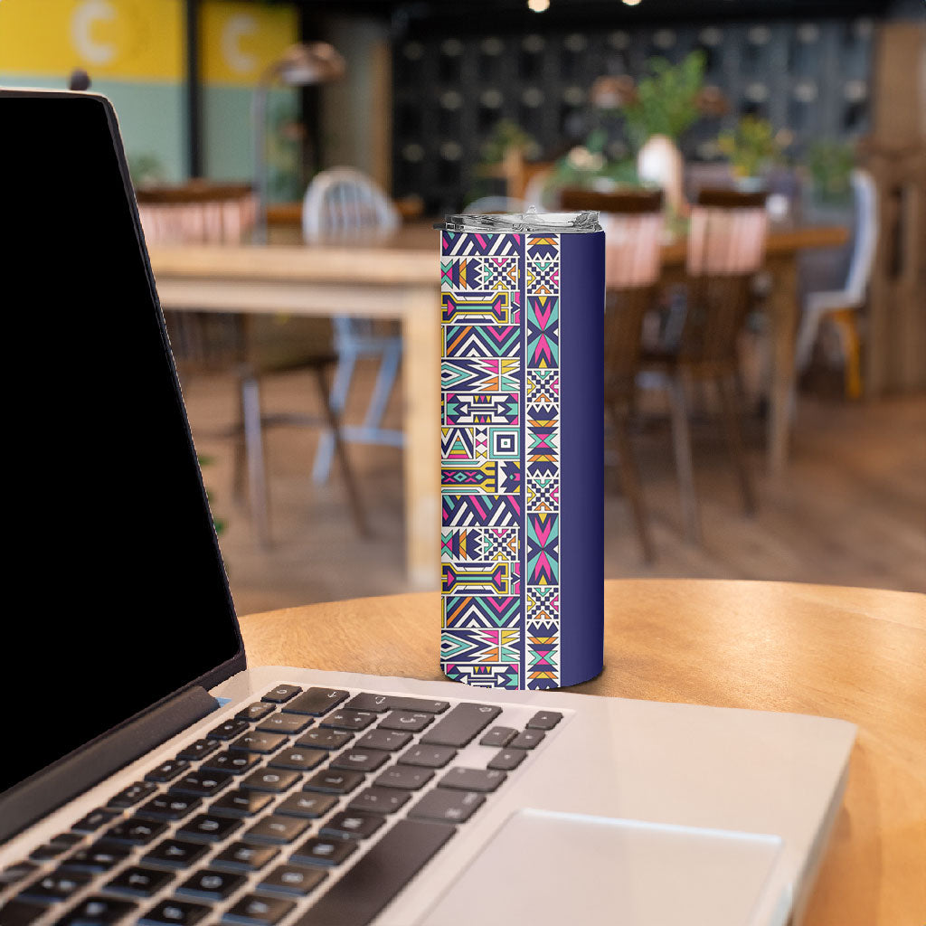 African Ndebele Art Patterns Skinny Tumbler Navy Blue Half Style