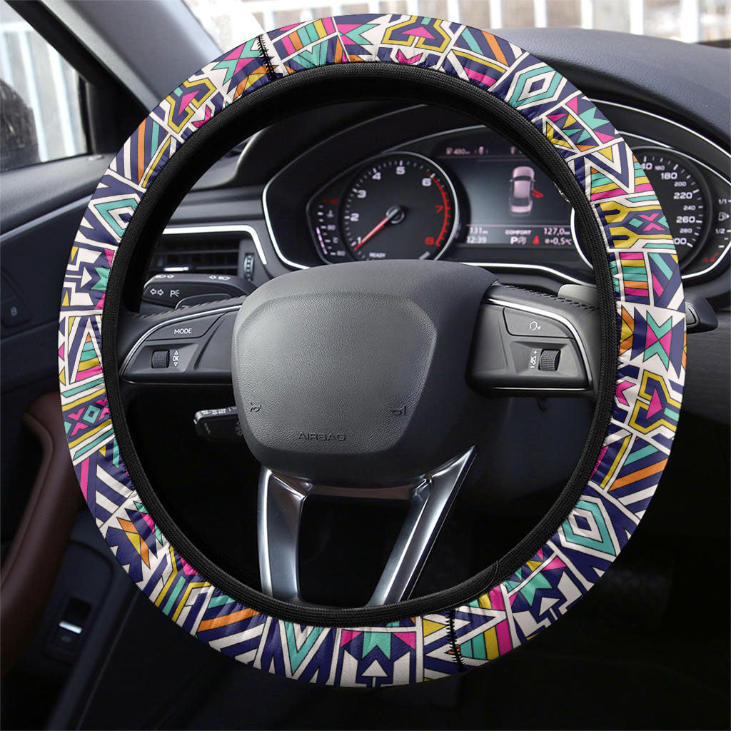 African Ndebele Art Patterns Steering Wheel Cover Navy Blue Half Style