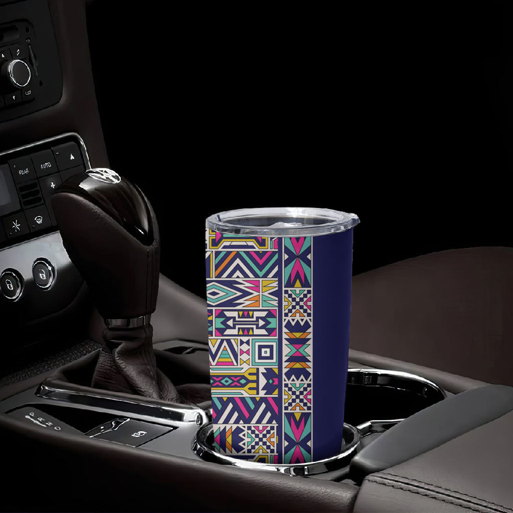 African Ndebele Art Patterns Tumbler Cup Navy Blue Half Style