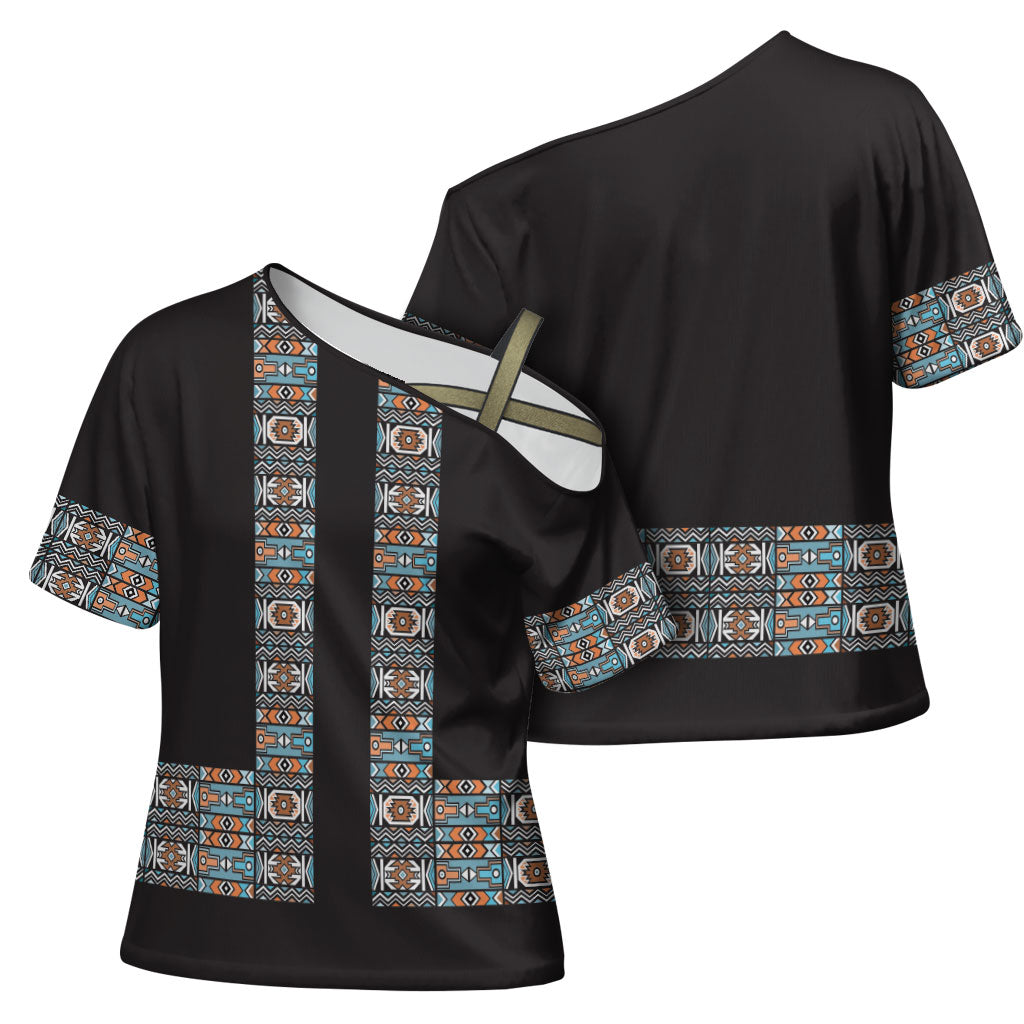 African Ndebele Traditional Attire Cross Shoulder Shirt Black Ndebele Stripe