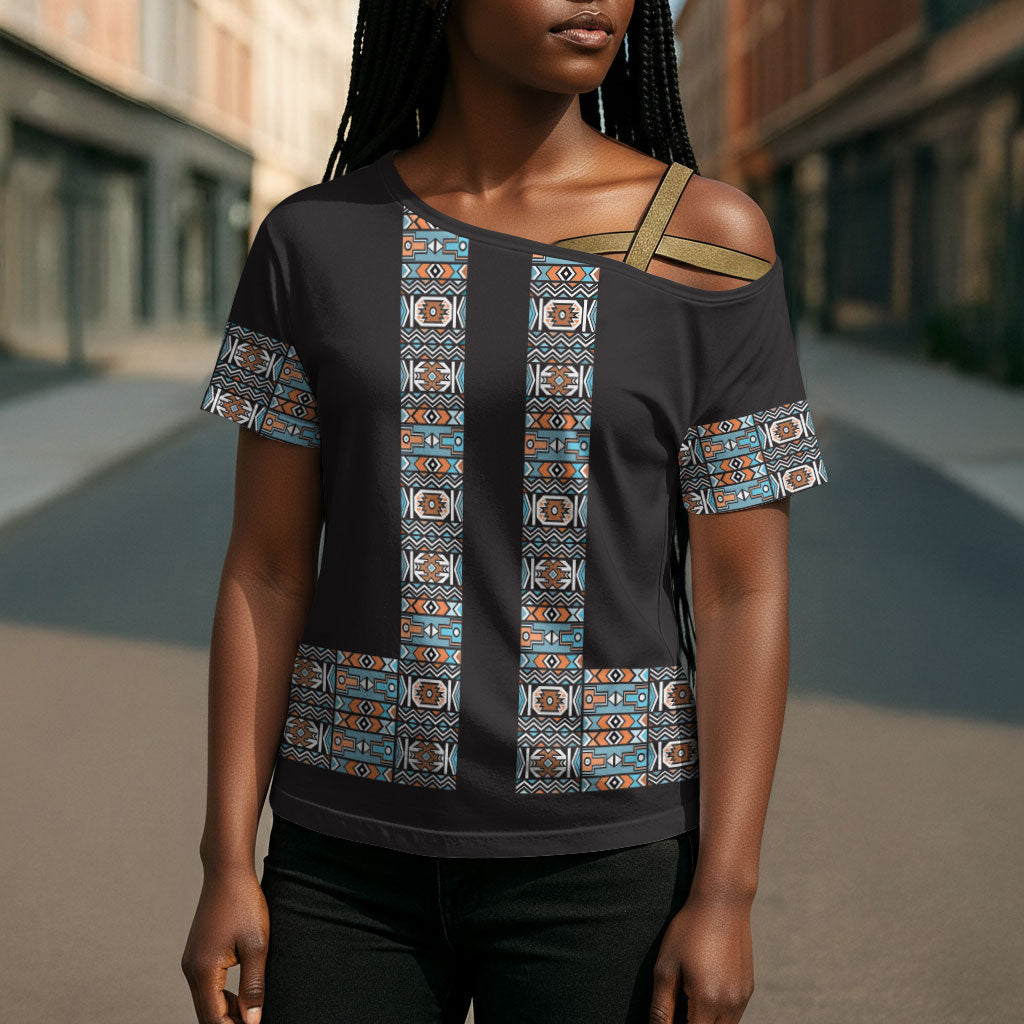 African Ndebele Traditional Attire Cross Shoulder Shirt Black Ndebele Stripe