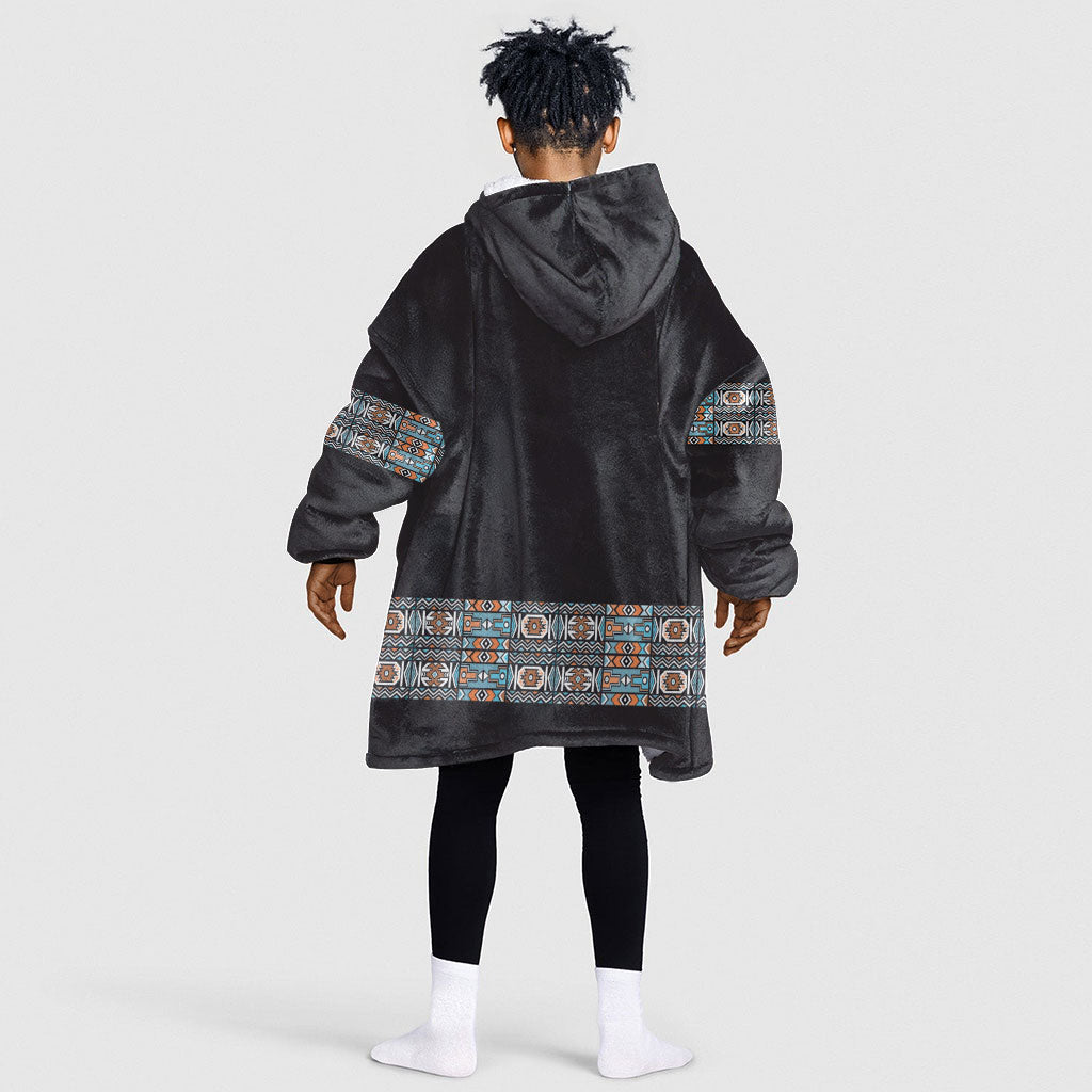 African Ndebele Traditional Attire Kid Wearable Blanket Hoodie Black Ndebele Stripe