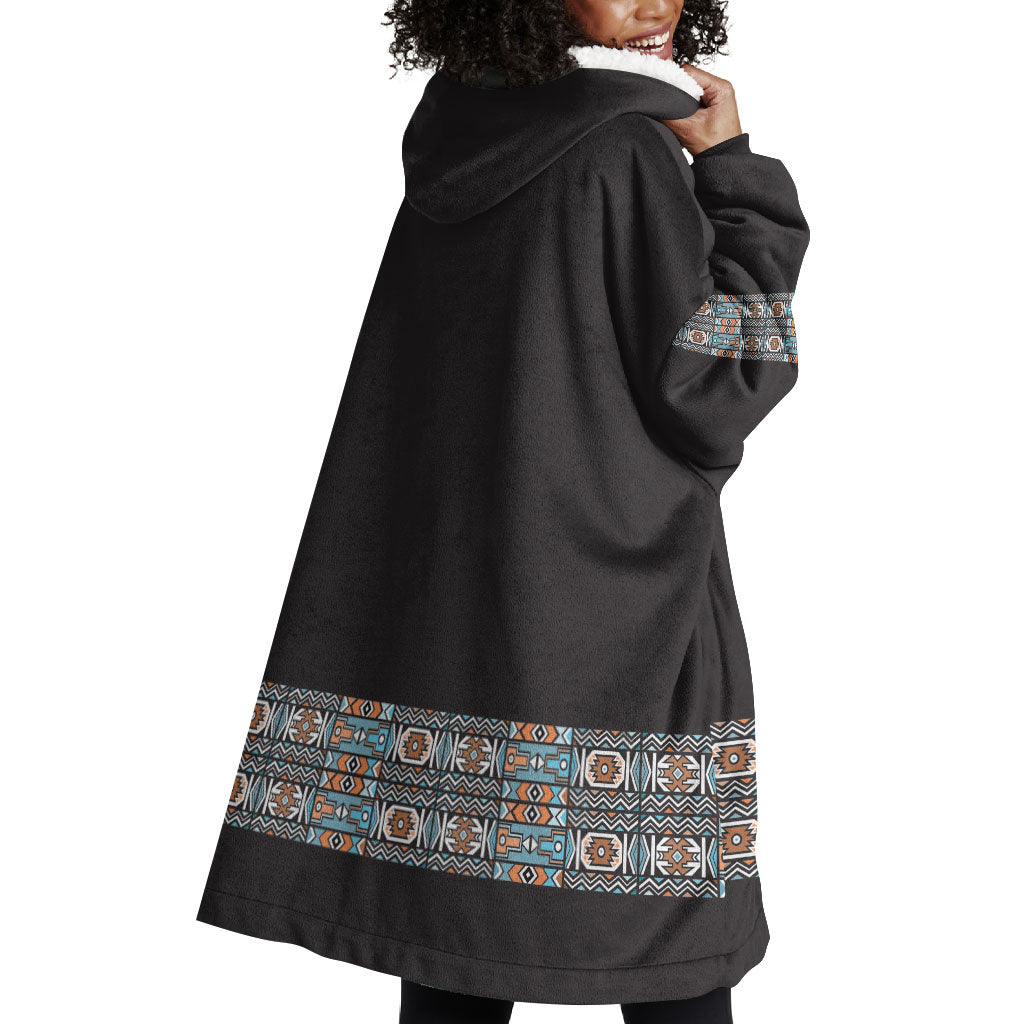 African Ndebele Traditional Attire Wearable Blanket Hoodie Black Ndebele Stripe