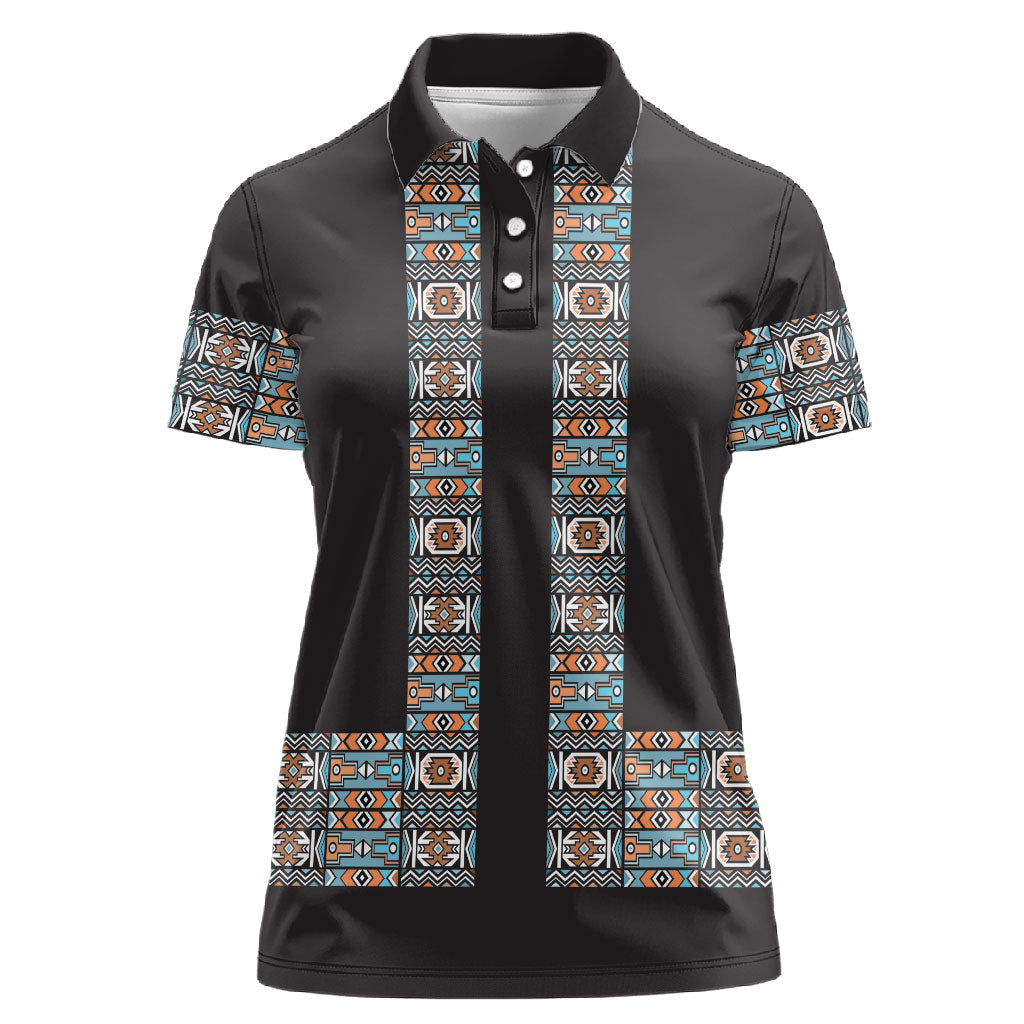 African Ndebele Traditional Attire Women Polo Shirt Black Ndebele Stripe