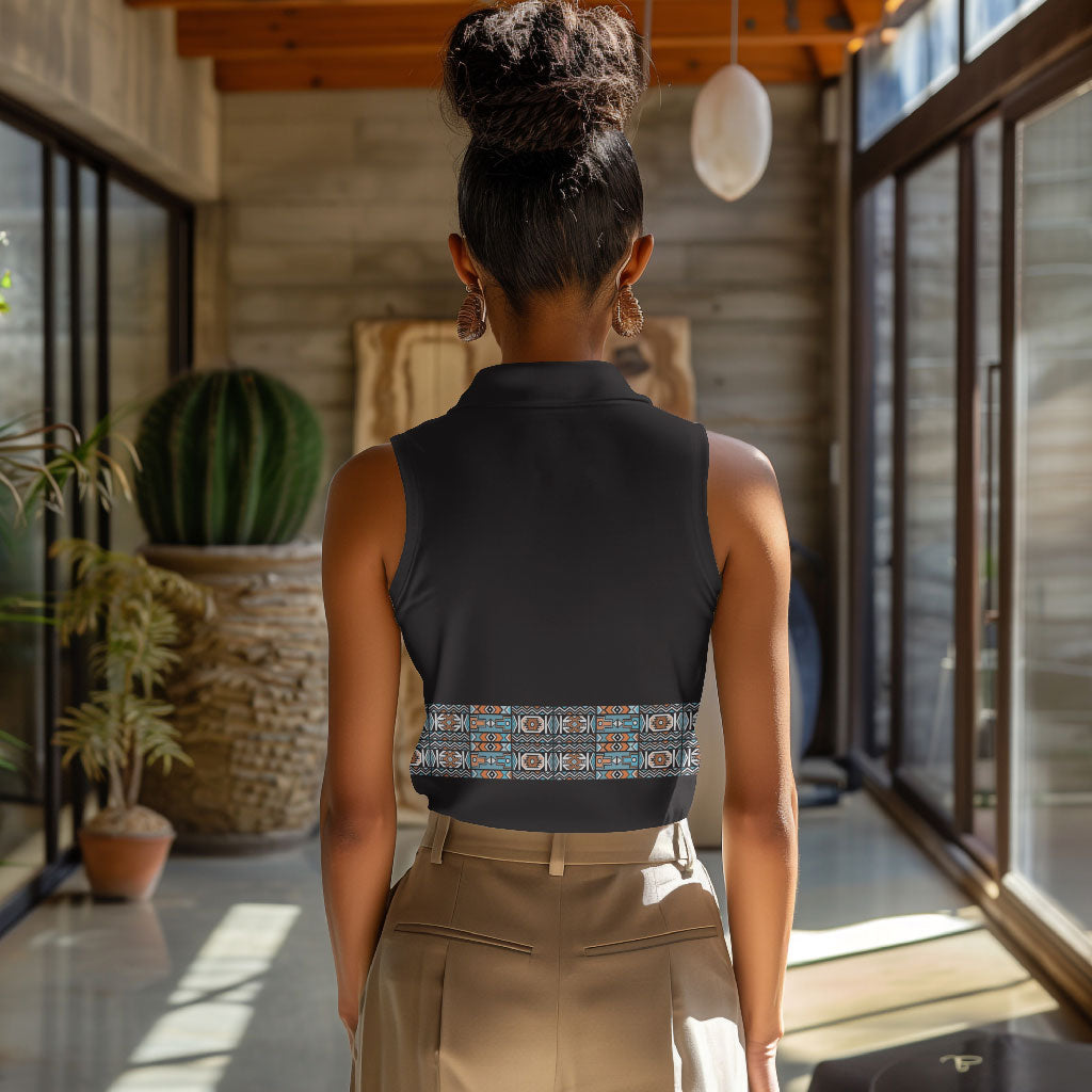 African Ndebele Traditional Attire Women Sleeveless Polo Shirt Black Ndebele Stripe