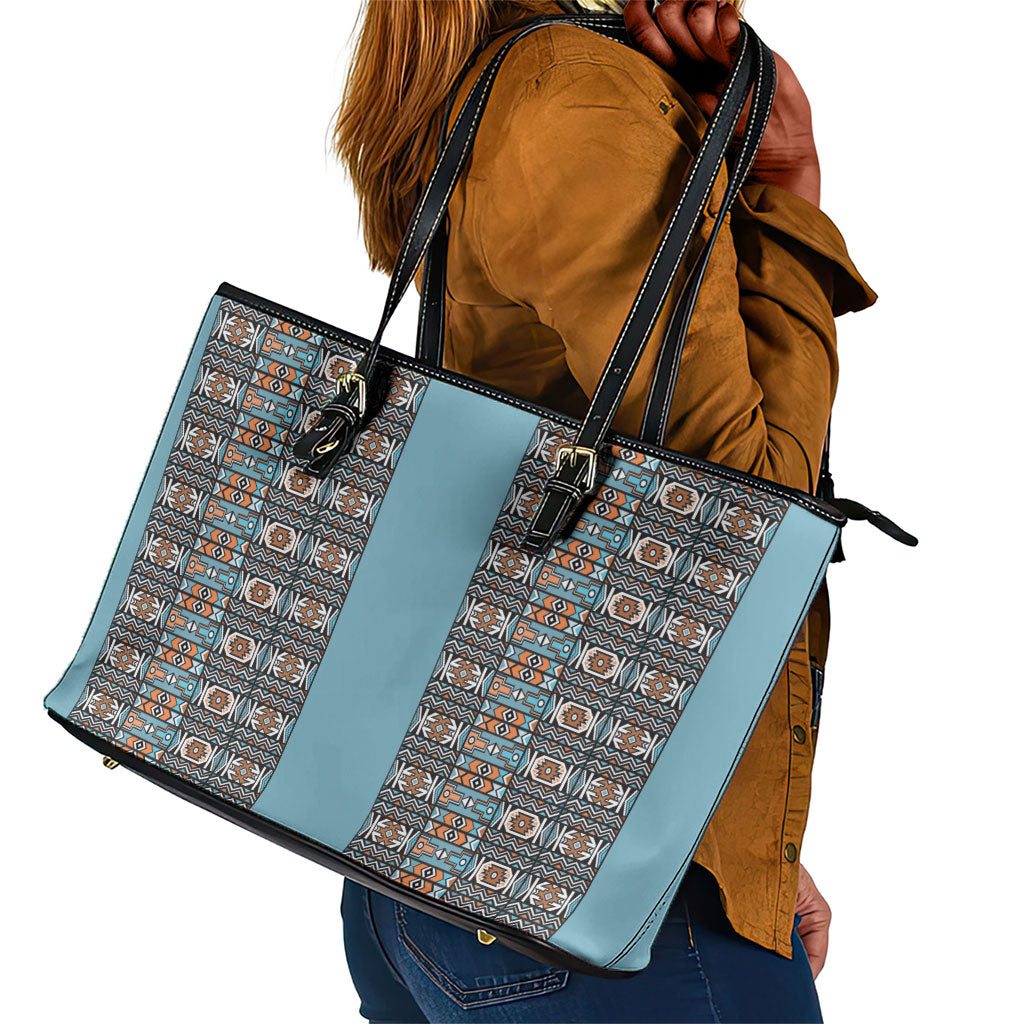 African Ndebele Traditional Attire Leather Tote Bag Blue Ndebele Stripe