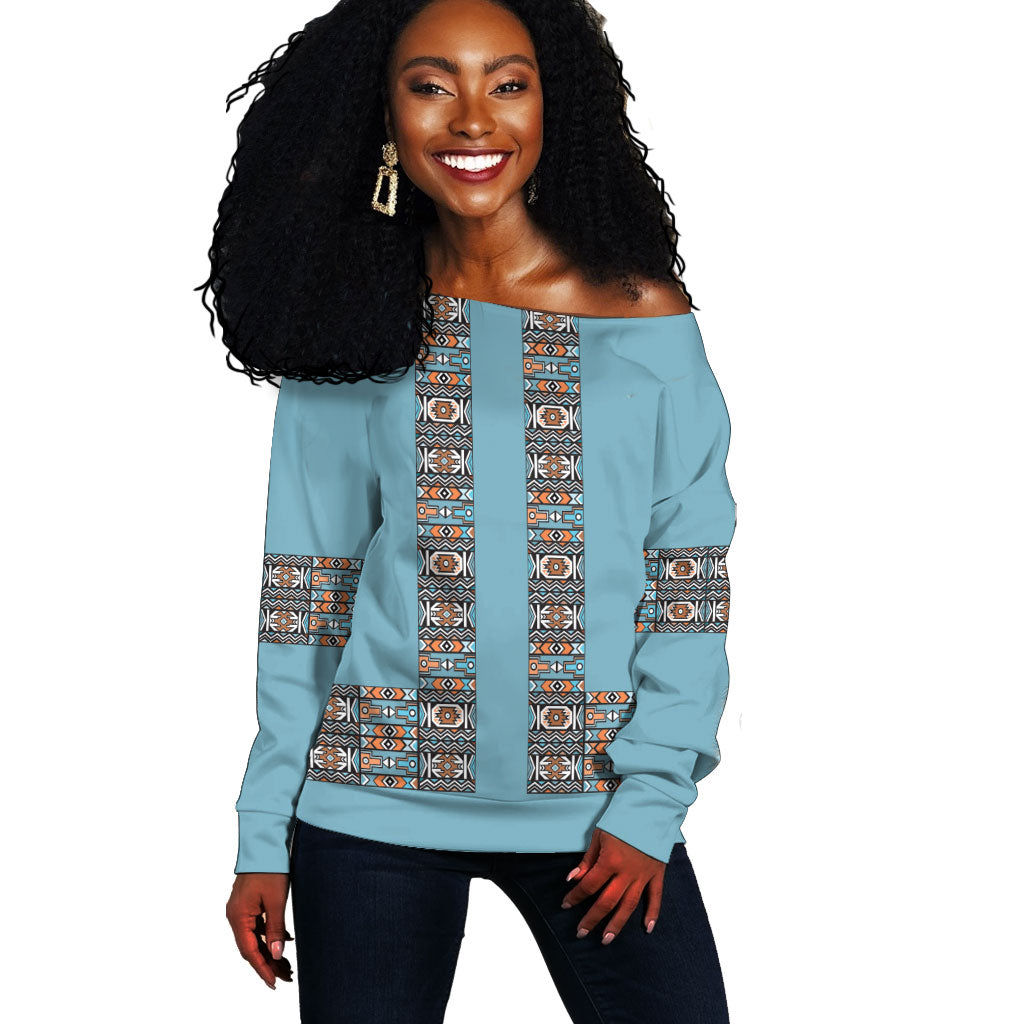 African Ndebele Traditional Attire Off Shoulder Sweater Blue Ndebele Stripe